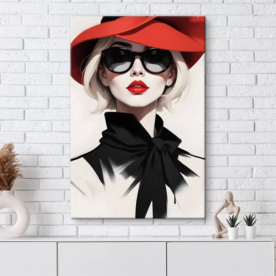 wall murals A woman wearing a red hat and sunglasses s38365