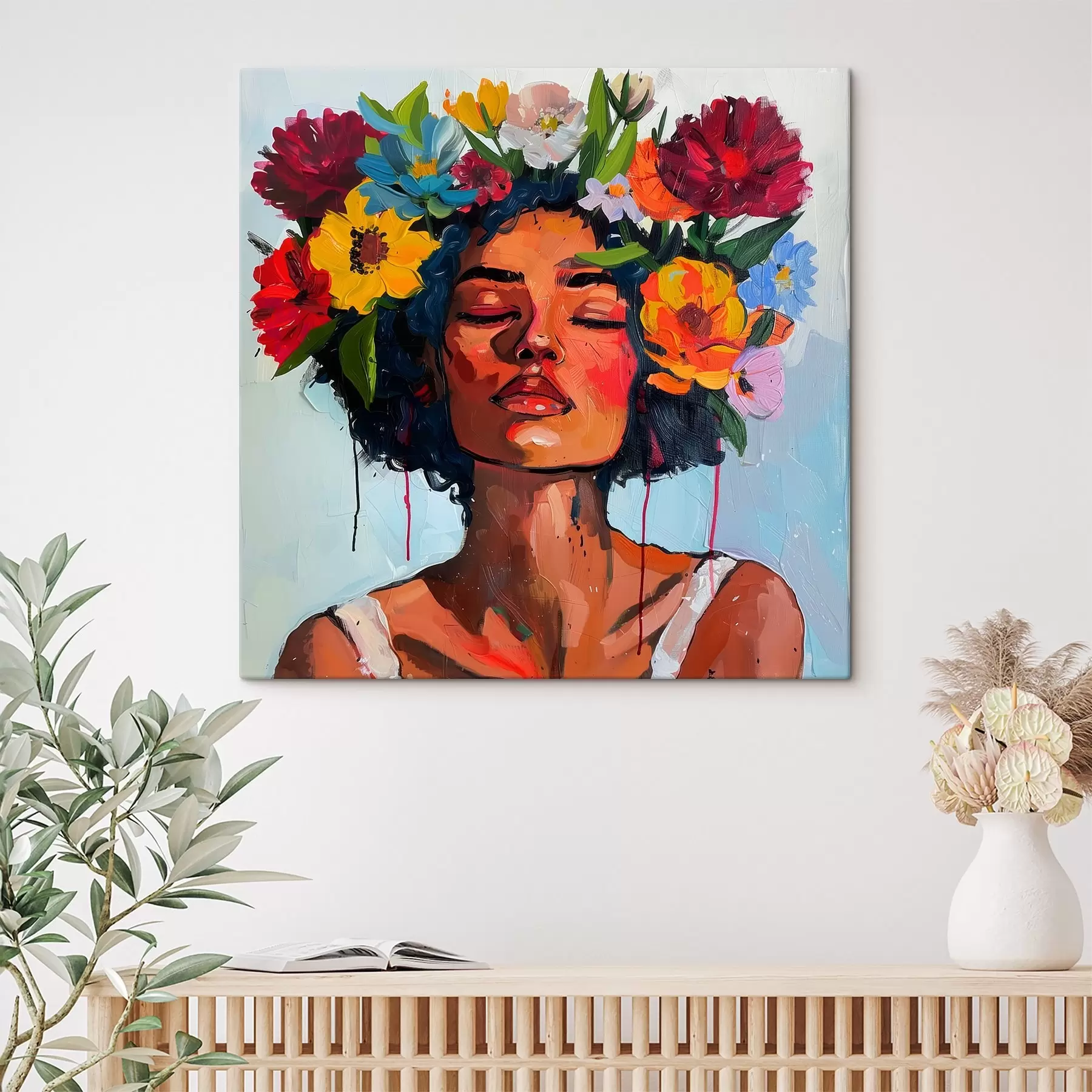 murales Pintura de una mujer con flores en el pelo s38575