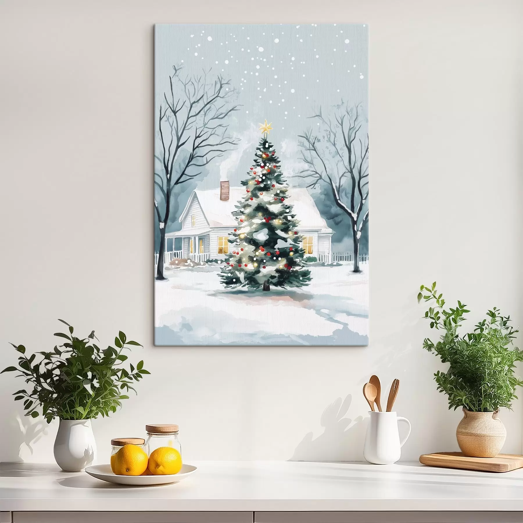 wall murals Winter town, decorated pine tree, Christmas, watercolor s41364