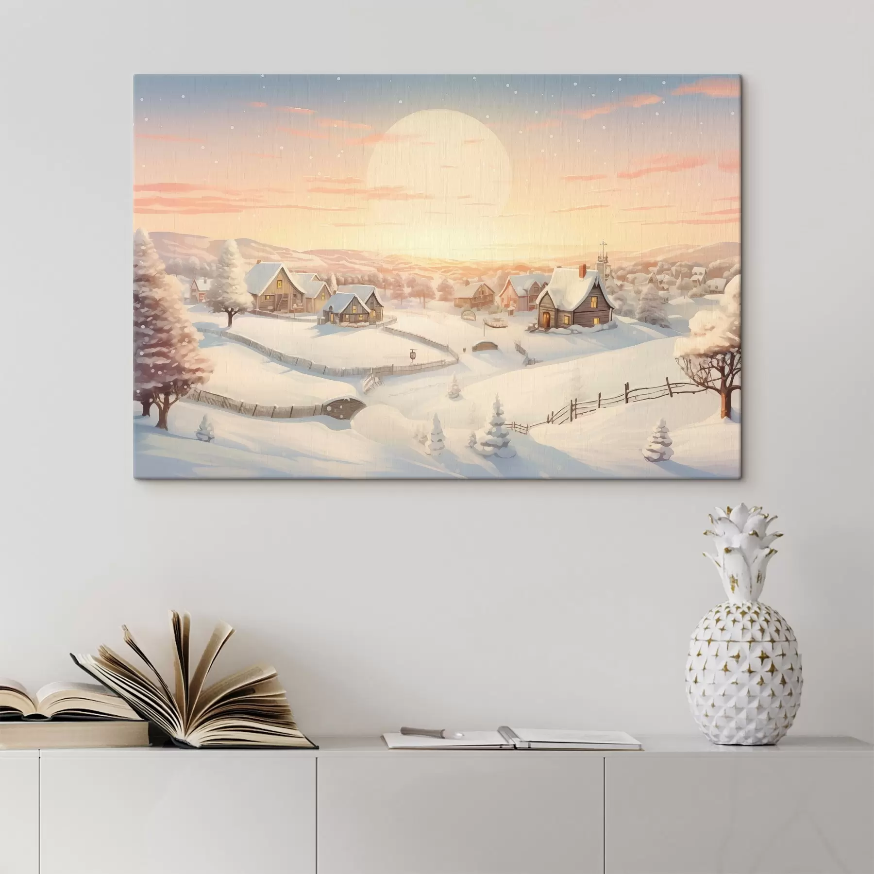 wall murals Winter village in the sunset, houses covered in snow, pine trees s41380