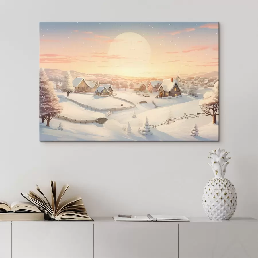 murales Pueblo de invierno al atardecer, casas cubiertas de nieve, pinos s41380