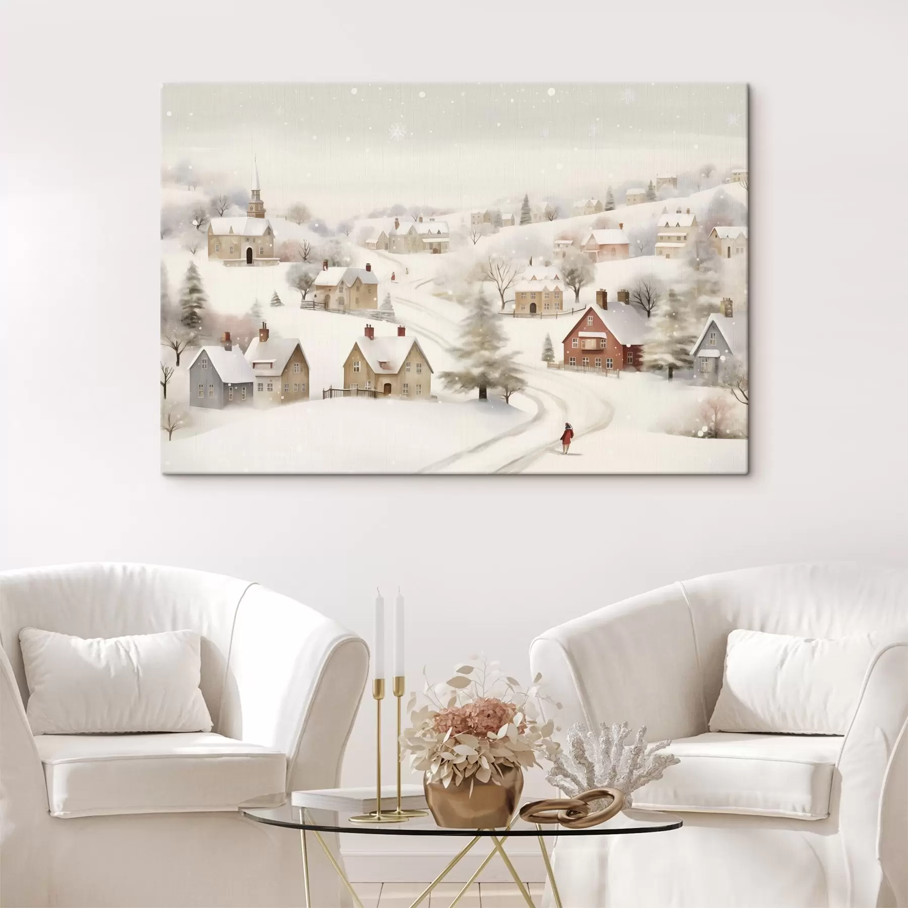wall murals Winter village, watercolor, snowflakes, soft colors, trees, landscape  s41381
