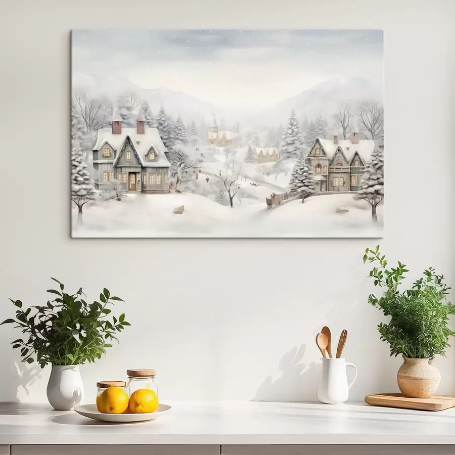 murales Hermoso paisaje de invierno con pueblo, pinos, casas, montañas s41384