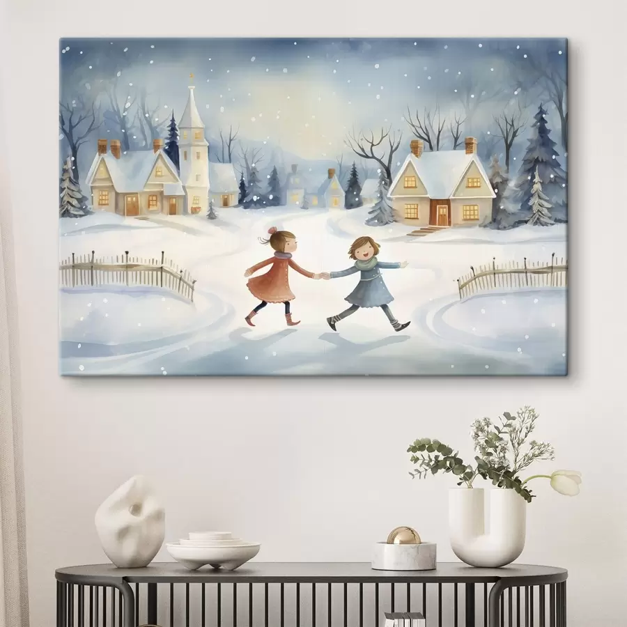 murales Niñas en el pueblo de invierno, copos de nieve, acuarela, casas, bosque s41385