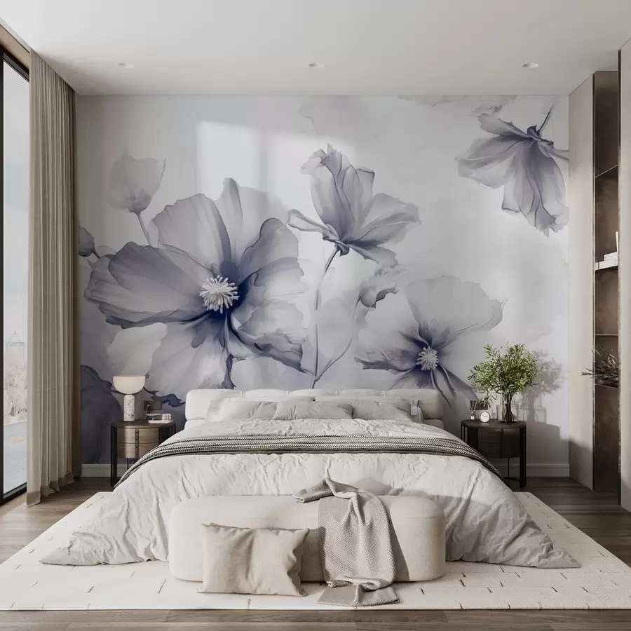 wall murals Airy translucent blue flowers dissolving in the morning light w01938v2
