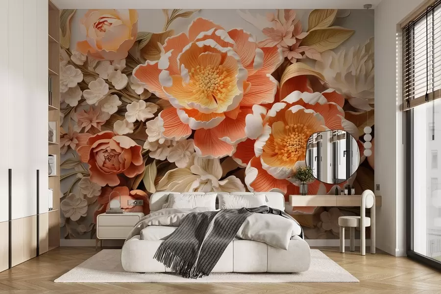 murales Un arreglo floral 3D en tonos melocotón con peonías y rosas estilo Rococo w01939