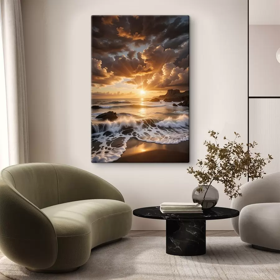 wall murals A dramatic sunset over a rocky coastline, with crashing waves and dramatic clouds in the sky s41245