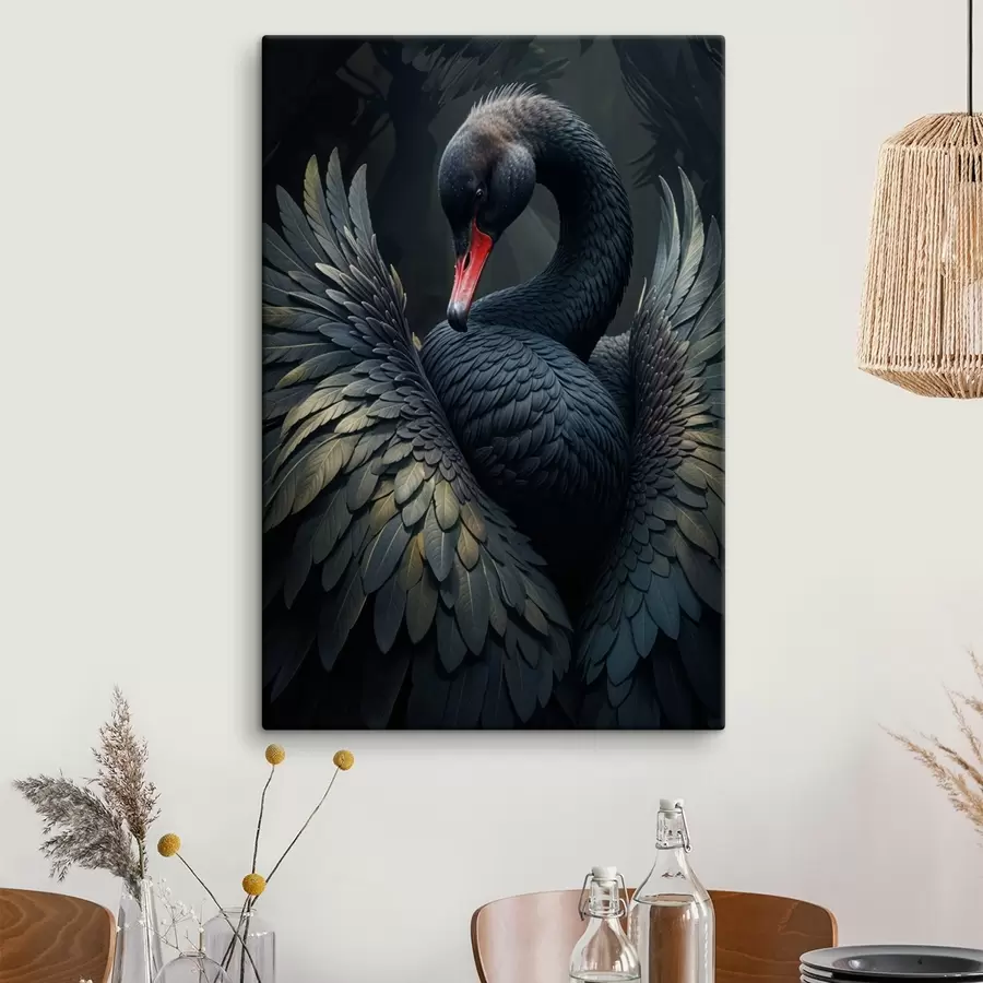 wall murals A black swan with its wings spread, showcasing its striking black feathers and red beak against a dark background s41249