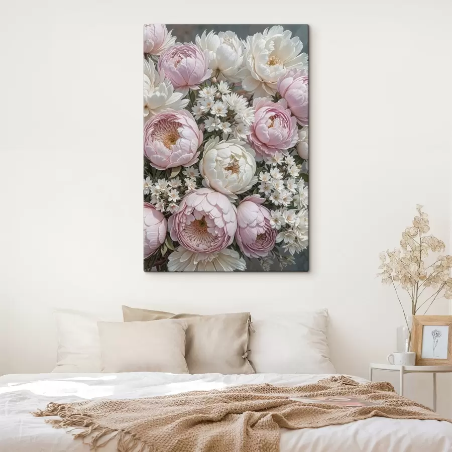 murales Un ramo de peonías rosa pastel y margaritas blancas, dispuestas en una bella composición floral s41255