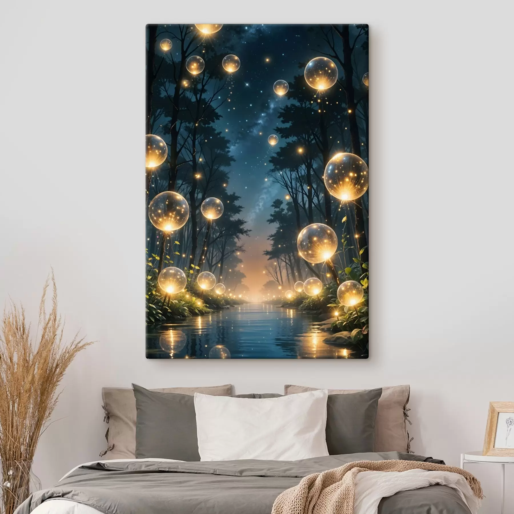 wall murals A magical forest at night with yellow orbs and fireflies floating among the trees, creating a whimsical atmosphere s41259