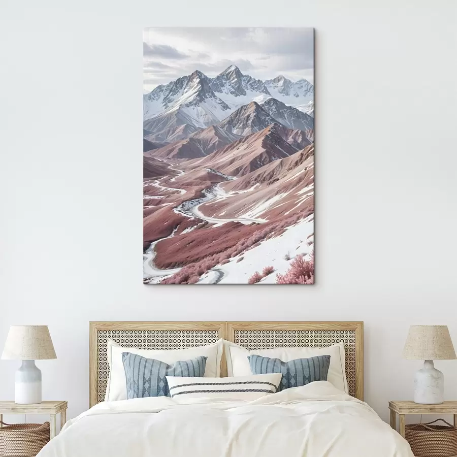 wall murals Rugged snow-capped mountains with a winding river flowing through a vast, colorful landscape s41262
