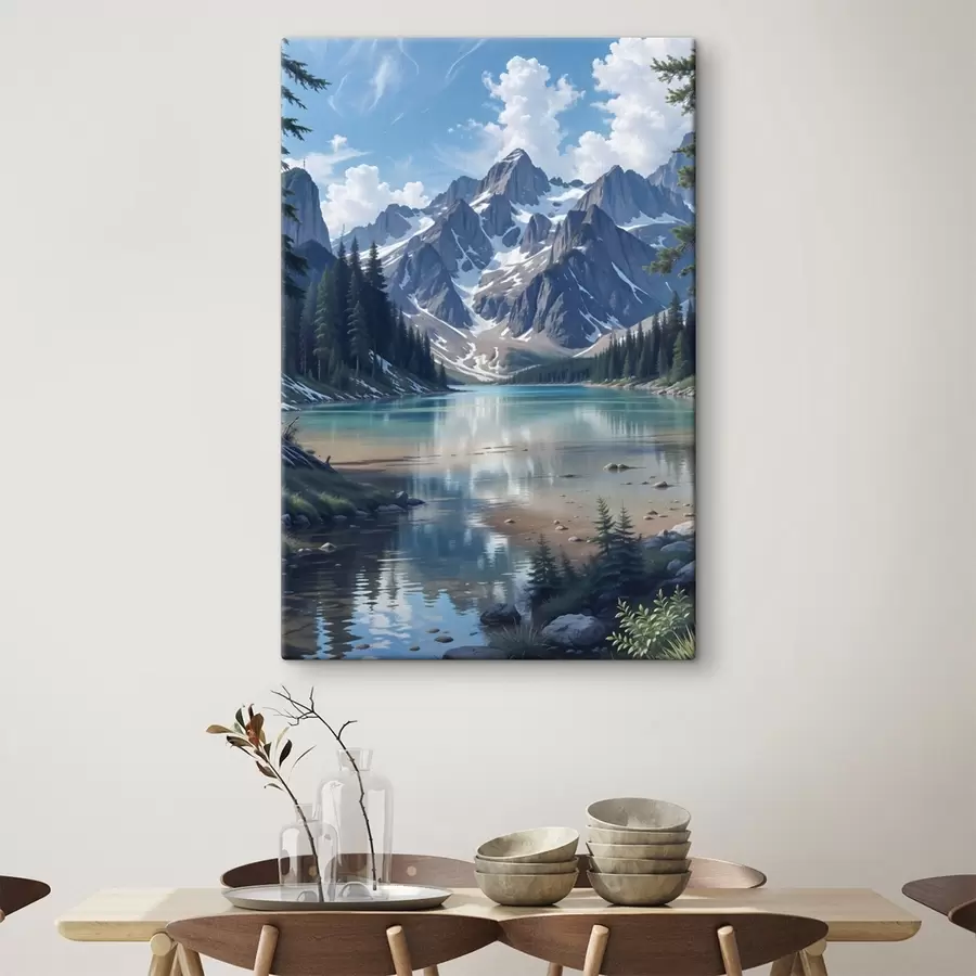 murales Un sereno lago alpino rodeado de majestuosas montañas nevadas, con un denso bosque y un cielo nublado s41264