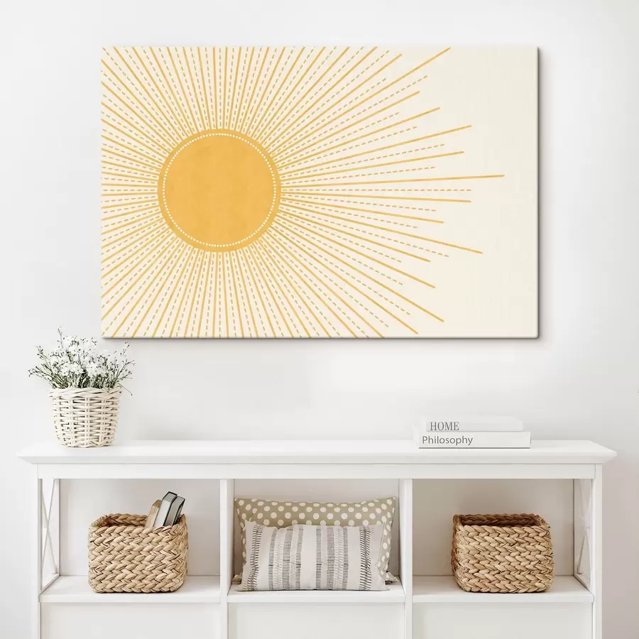 wall murals A bright yellow sun with radiating sunbeams against a light background, creating a warm and sunny atmosphere s41268
