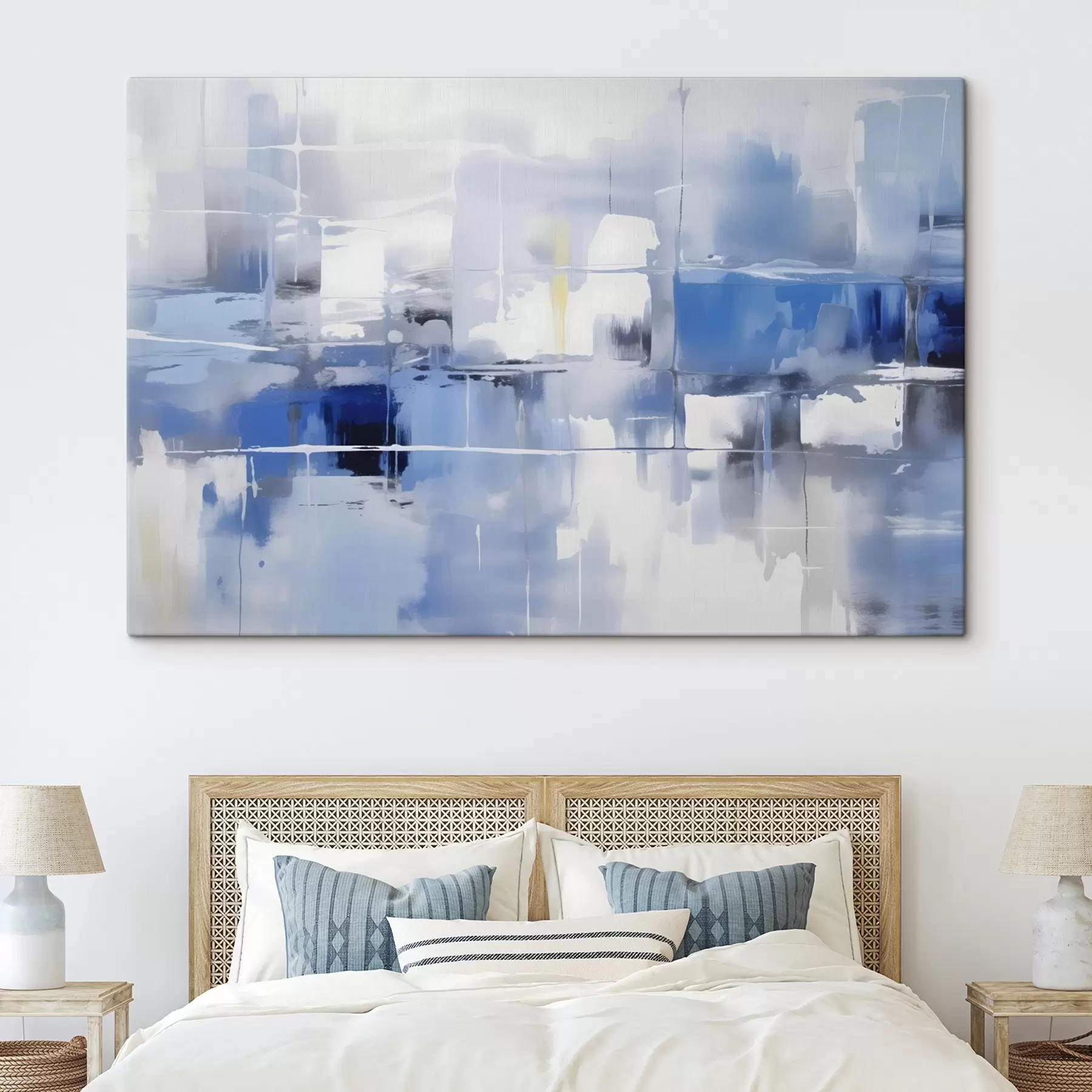 murales Una abstracción moderna en tonos azules, blancos y grises con líneas y formas difuminadas s41269
