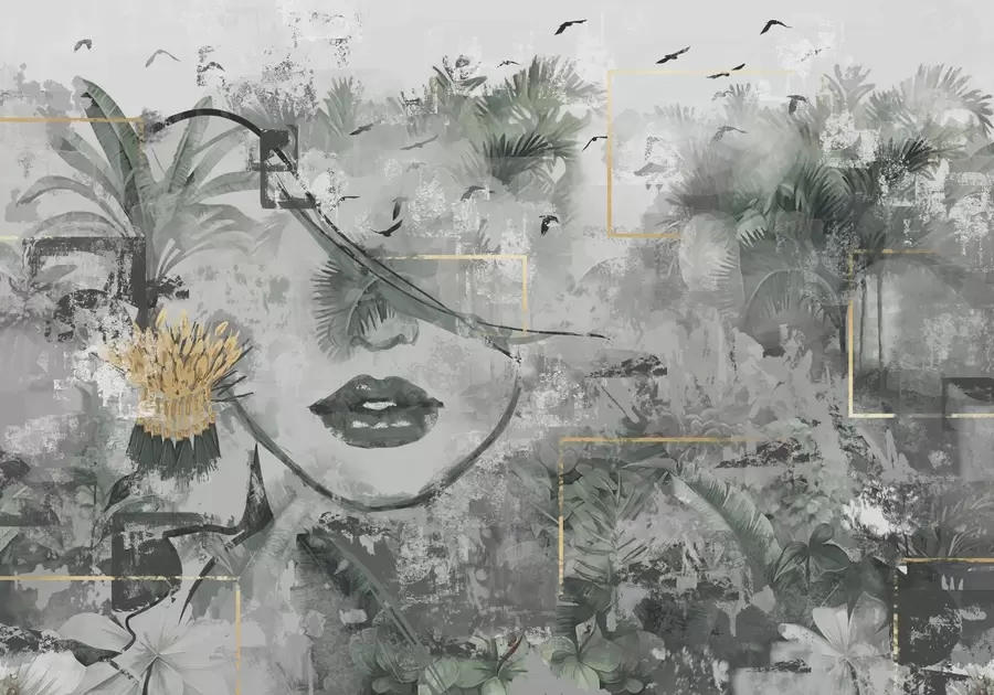 Wall Mural Photo Wallpaper Grunge rainforest and girl face silhouette w01916