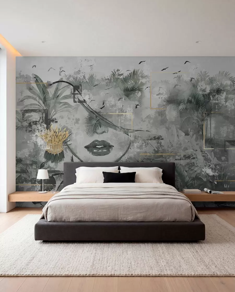 wall murals Grunge rainforest and girl face silhouette w01916