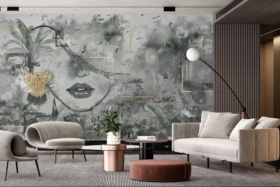 murales Bosque tropical grunge y silueta de cara de niña w01916