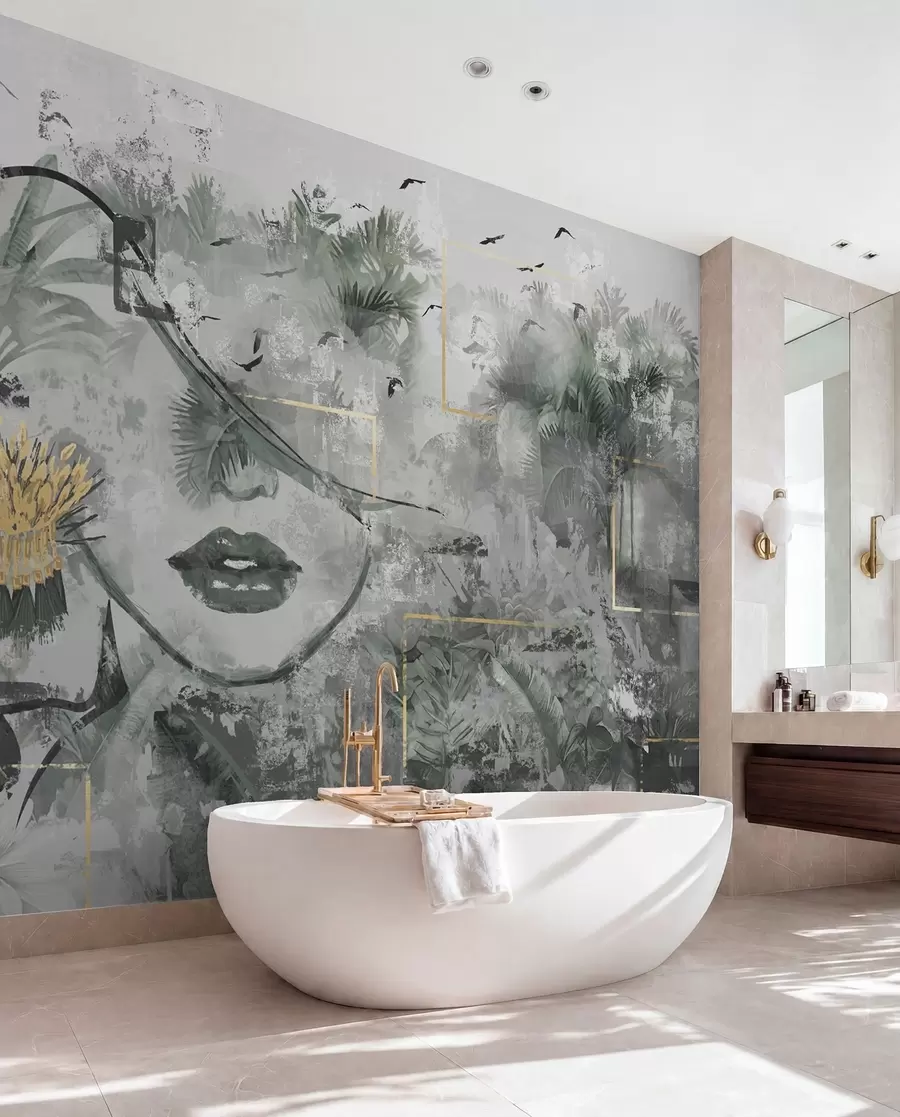 wall murals Grunge rainforest and girl face silhouette w01916