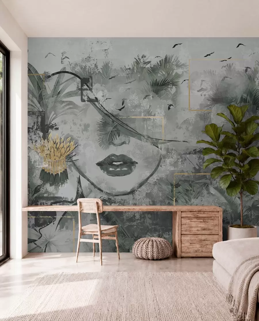 wall murals Grunge rainforest and girl face silhouette w01916