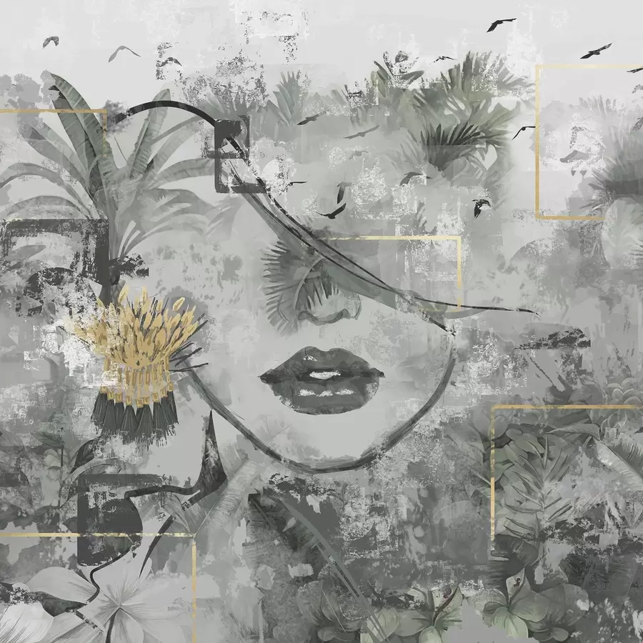 wall murals Grunge rainforest and silhouette of a girl's face w01916d1