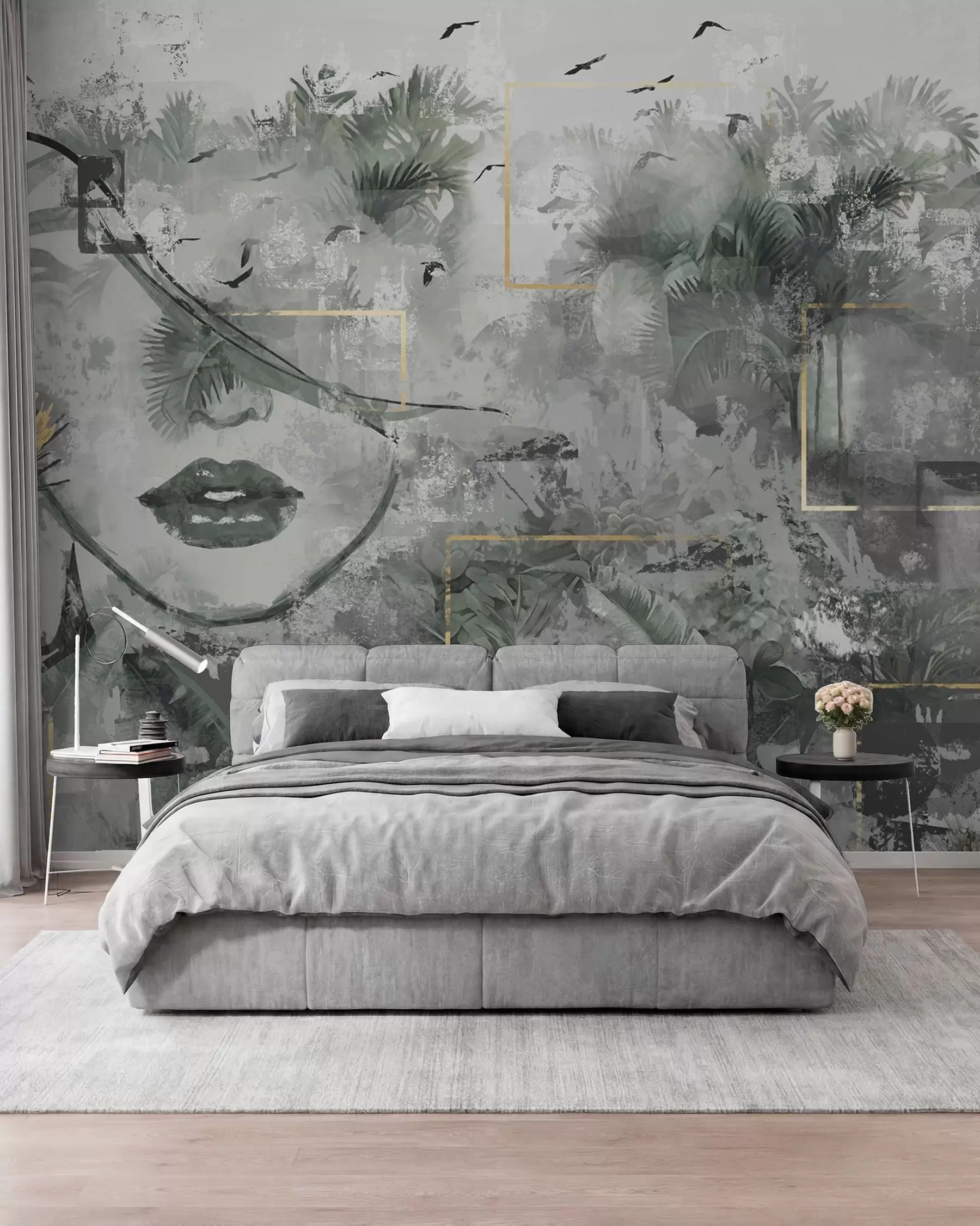 peintures murales Forêt tropicale grunge et silhouette d'une jeune fille w01916d1
