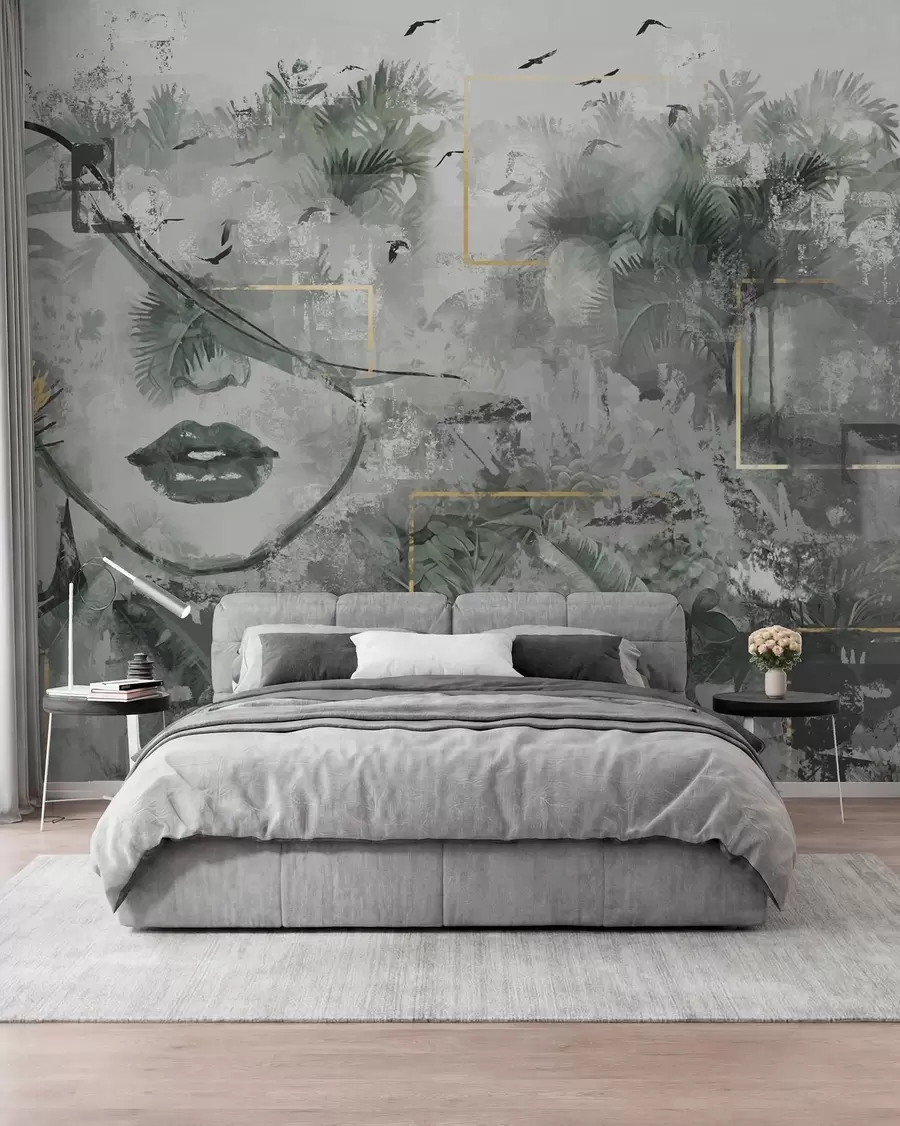 peintures murales Forêt tropicale grunge et silhouette d'une jeune fille w01916d1