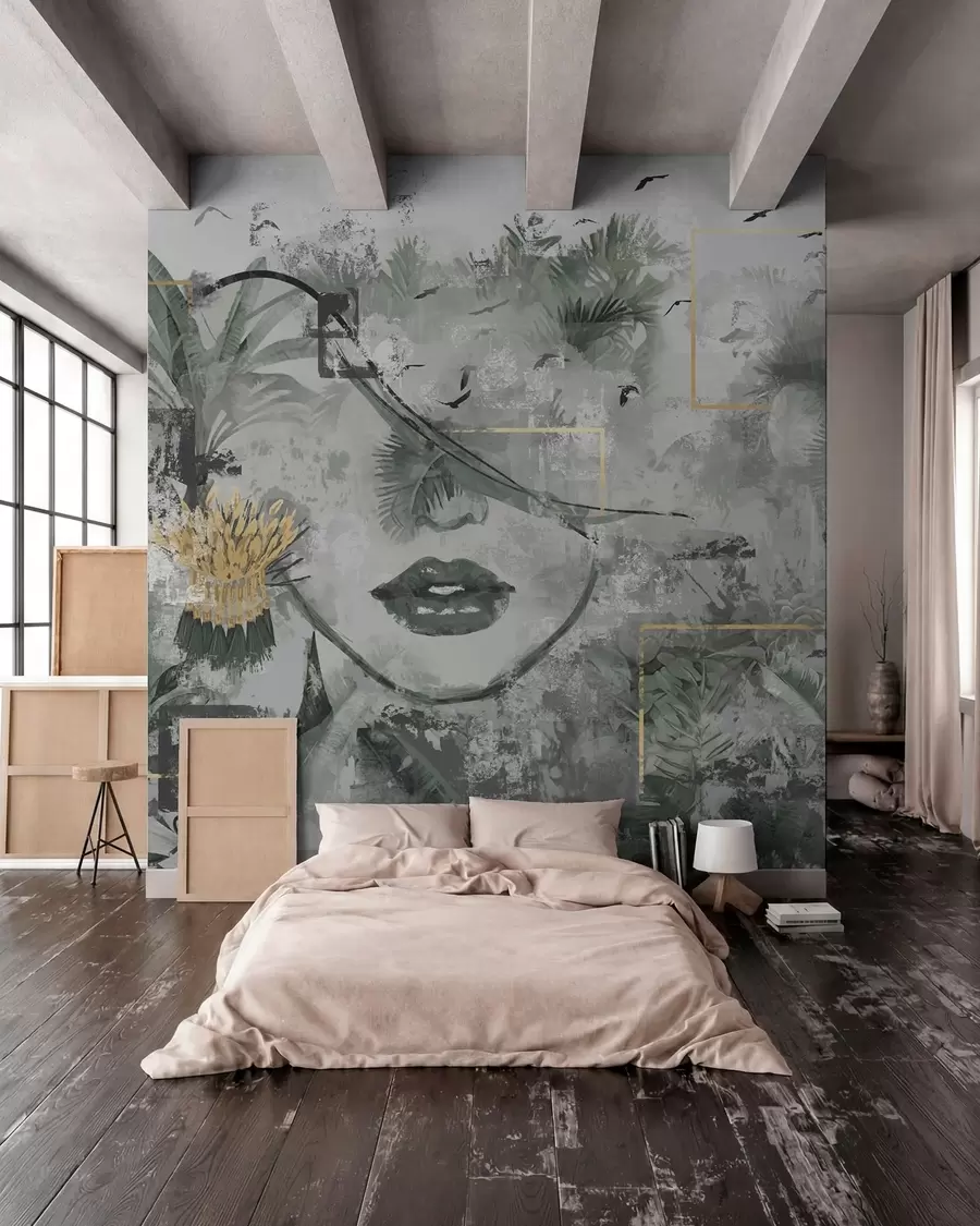 peintures murales Forêt tropicale grunge et silhouette d'une jeune fille w01916d1