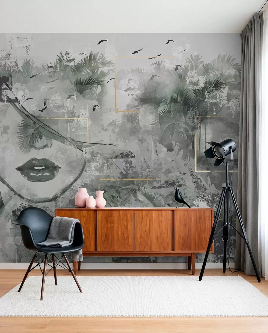 Wall Mural Photo Wallpaper Grunge rainforest and silhouette of a girl's face w01916d1