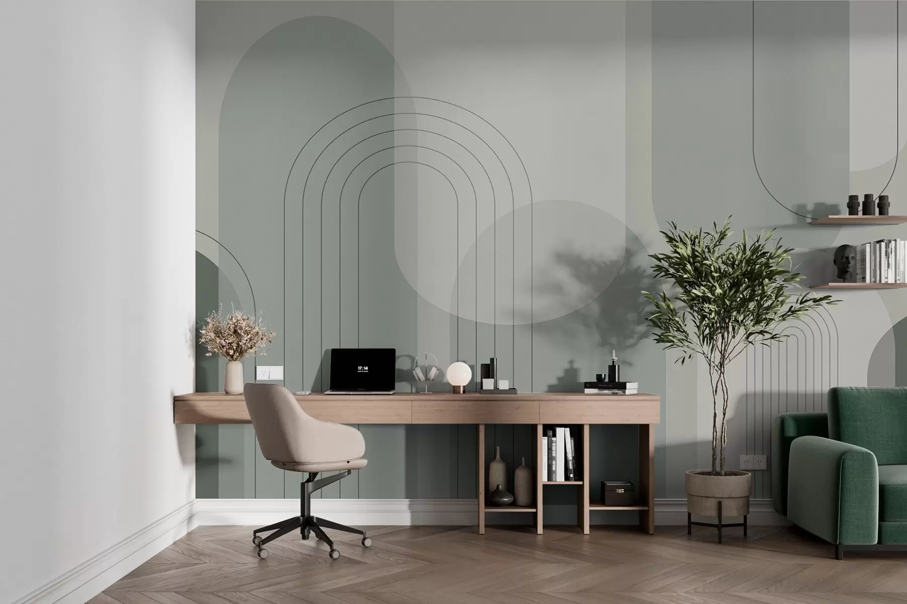 murais de parede Geometria minimalista e boho em tons de verde w01920