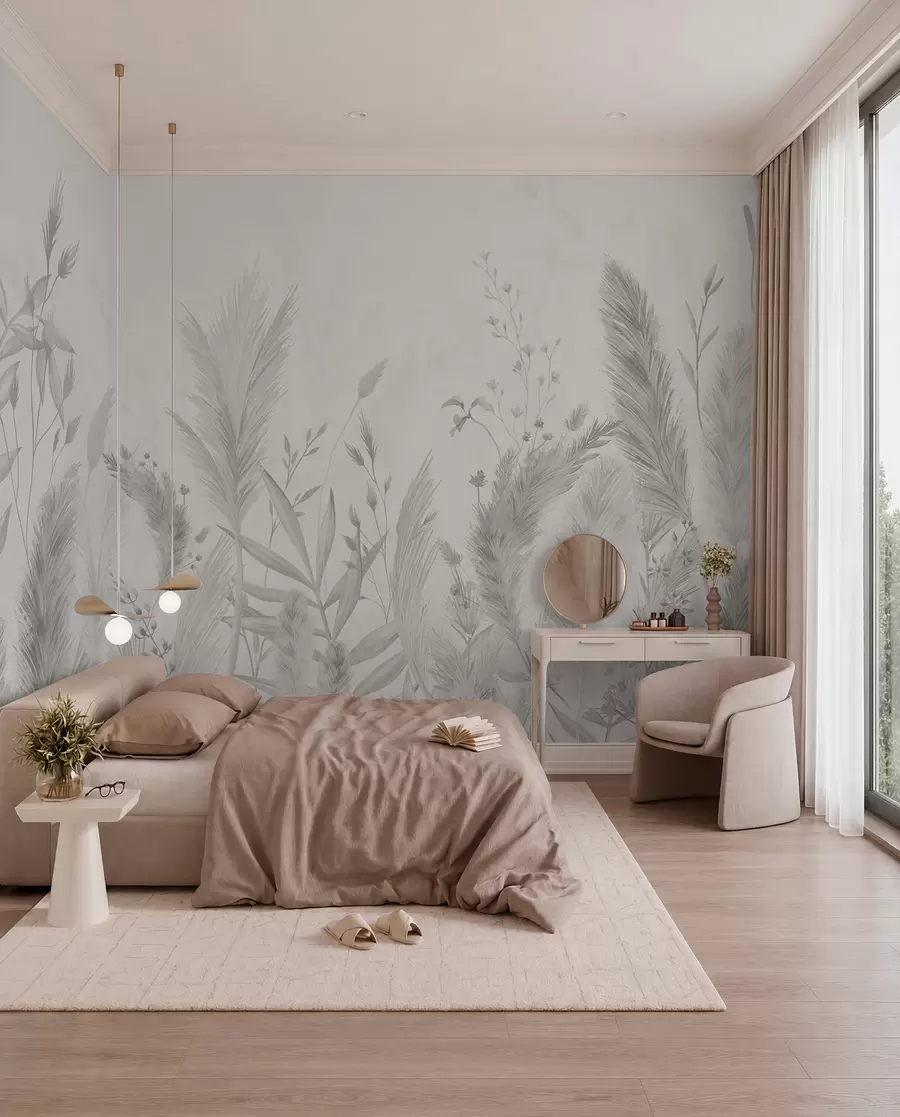 Wall Mural Photo Wallpaper Tall field grasses and flowers in neutral colors w02004