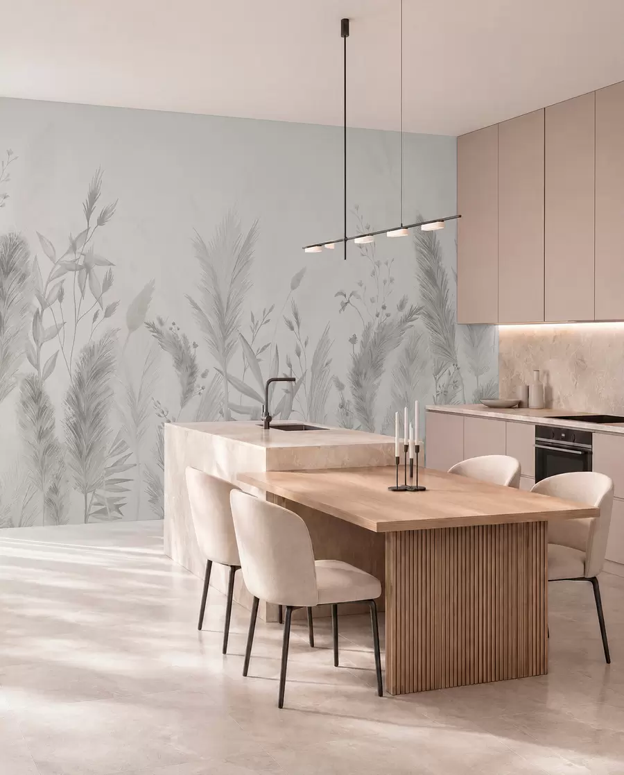 wall murals Tall field grasses and flowers in neutral colors w02004