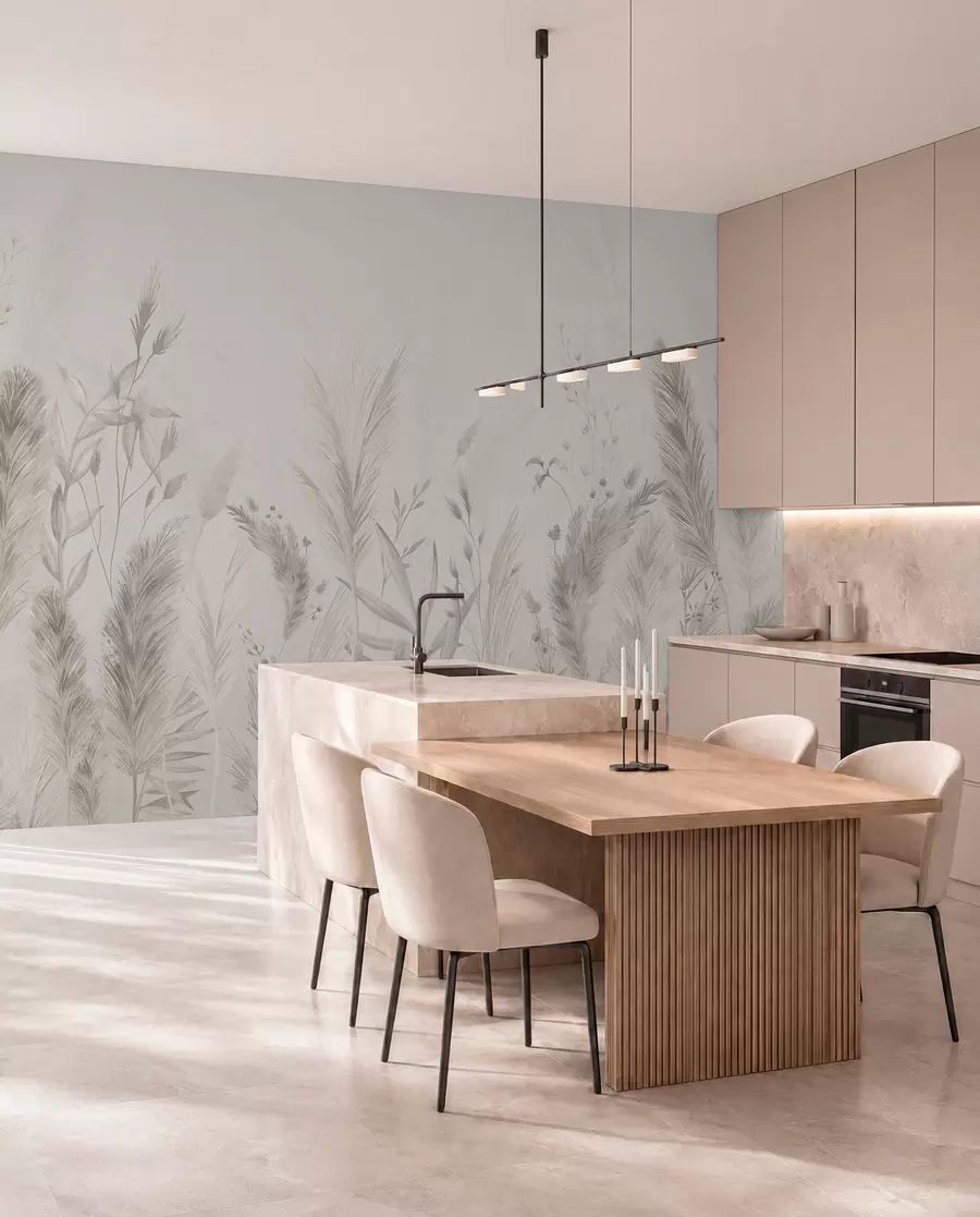 wall murals Tall field grasses and flowers in pastel colors w02004v1