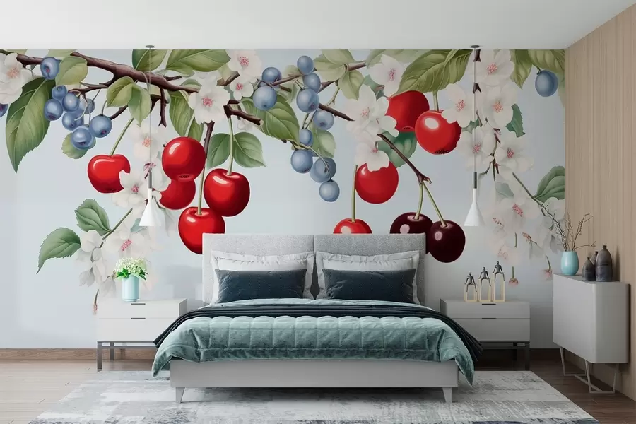 murales Jardín de bayas: ramas con cerezas, arándanos y flores w01975