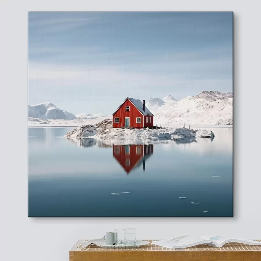 wall murals Minimalistic winter landscape red house by the lake s41437