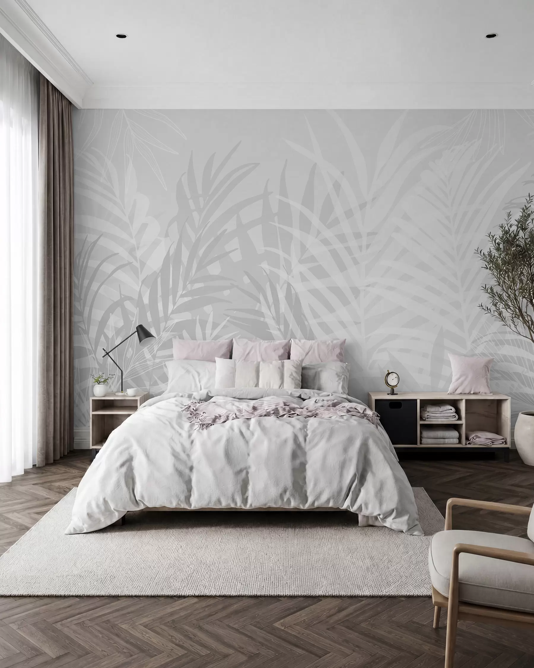 peintures murales Feuilles tropicales tendance de couleur grise w02026v1