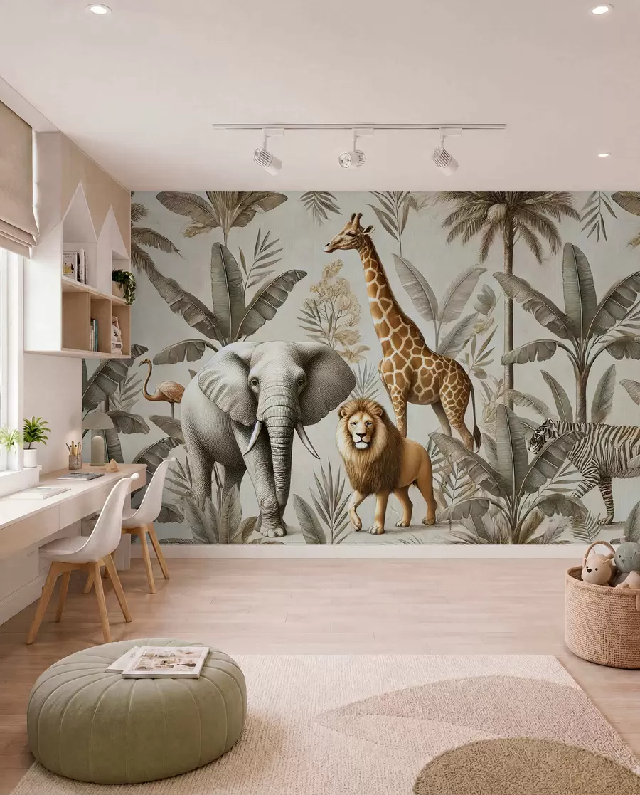 peintures murales Papier peint Safari pour enfants avec des paysages tropicaux et divers animaux dans des couleurs élégantes w01956