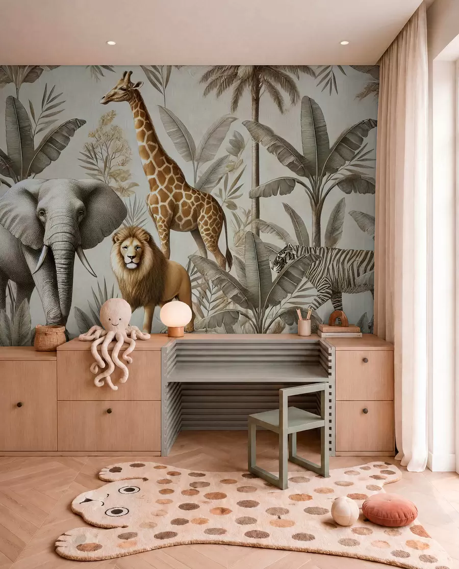 peintures murales Papier peint Safari pour enfants avec des paysages tropicaux et divers animaux dans des couleurs élégantes w01956