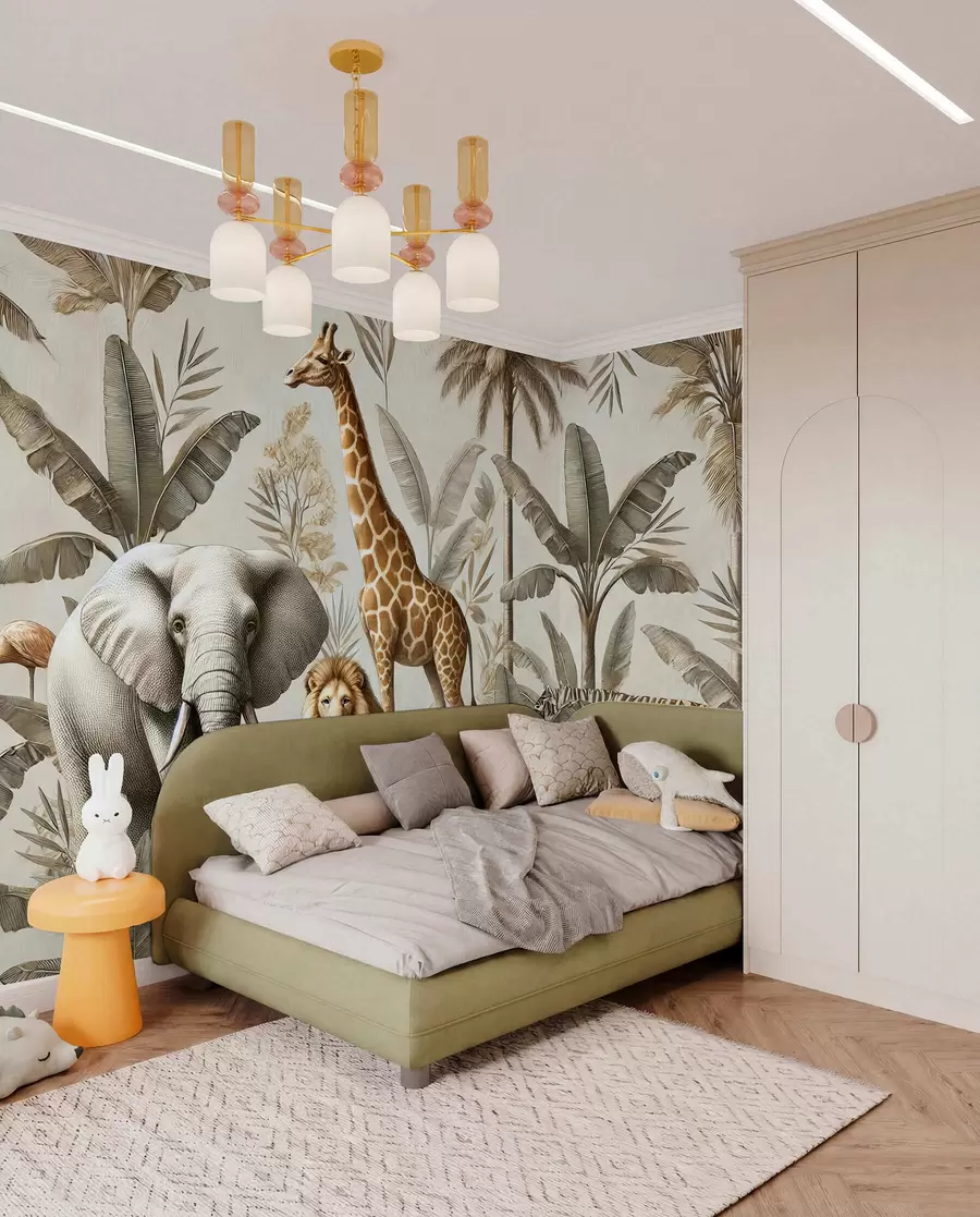 wall murals Safari children's wallpaper with tropical landscape and various animals in elegant colors w01956