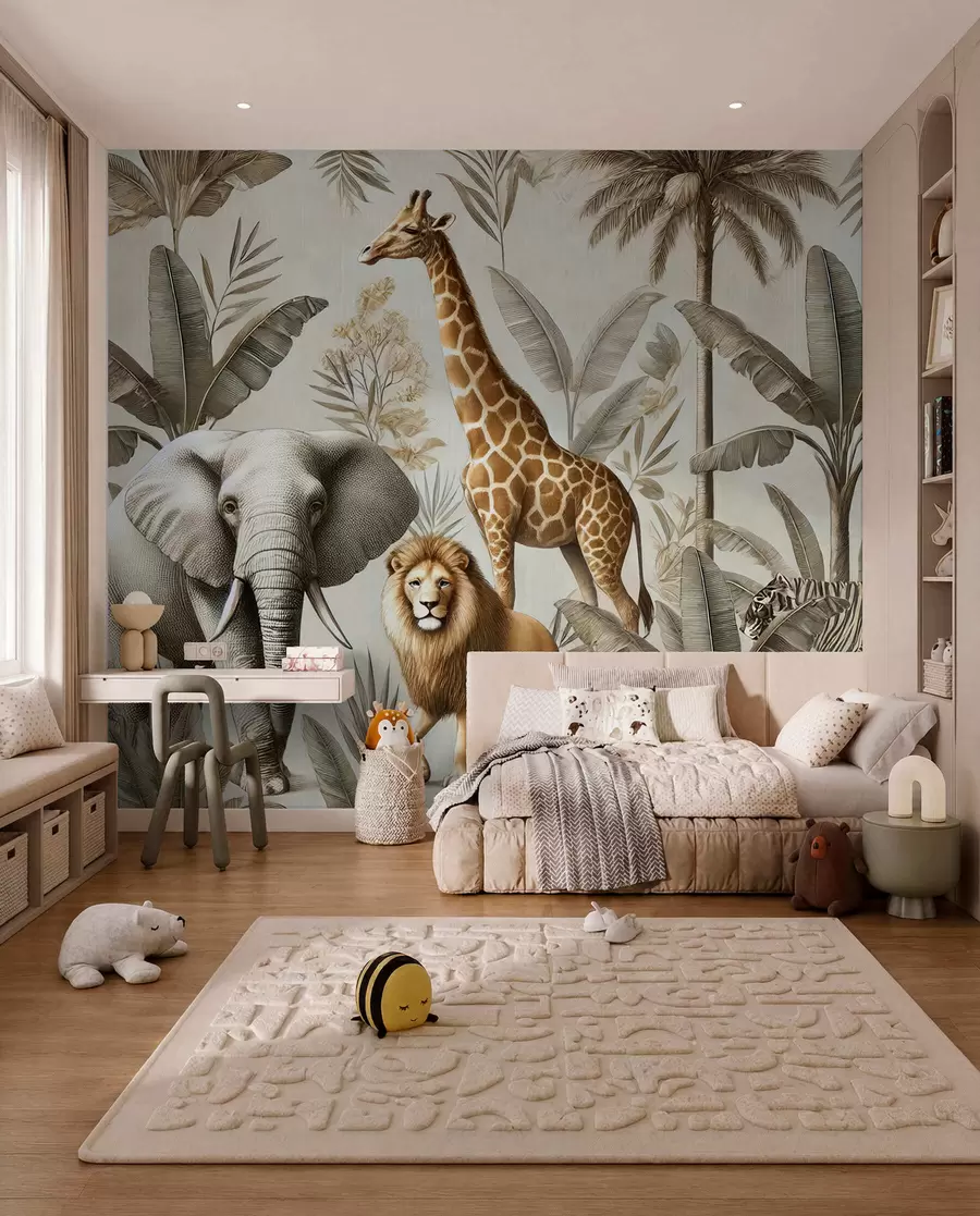 wall murals Safari children's wallpaper with tropical landscape and various animals in elegant colors w01956