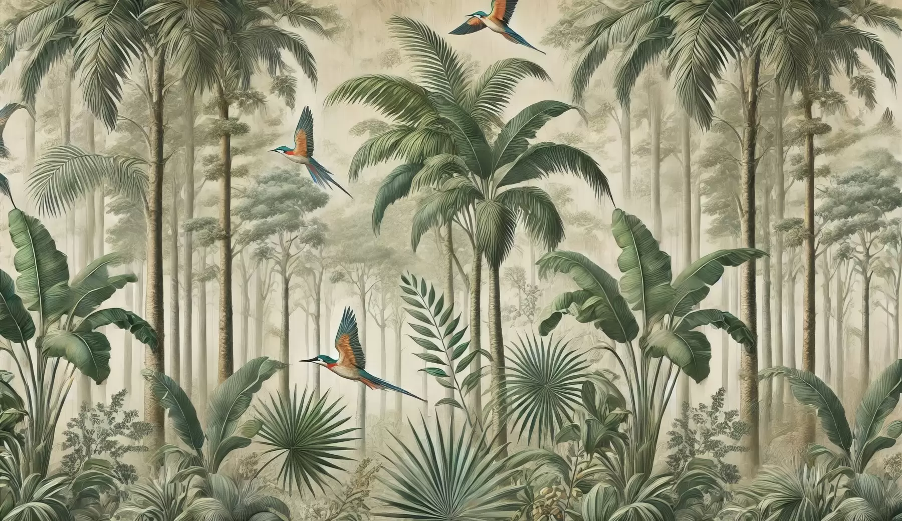 murais de parede Panorama com paisagem tropical e aves w01957