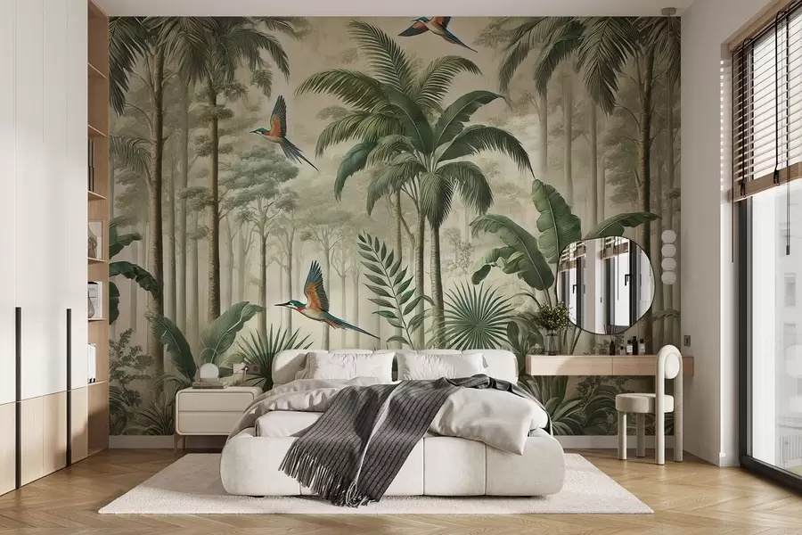 Wall Mural Photo Wallpaper Panorama with tropical landscape and birds w01957