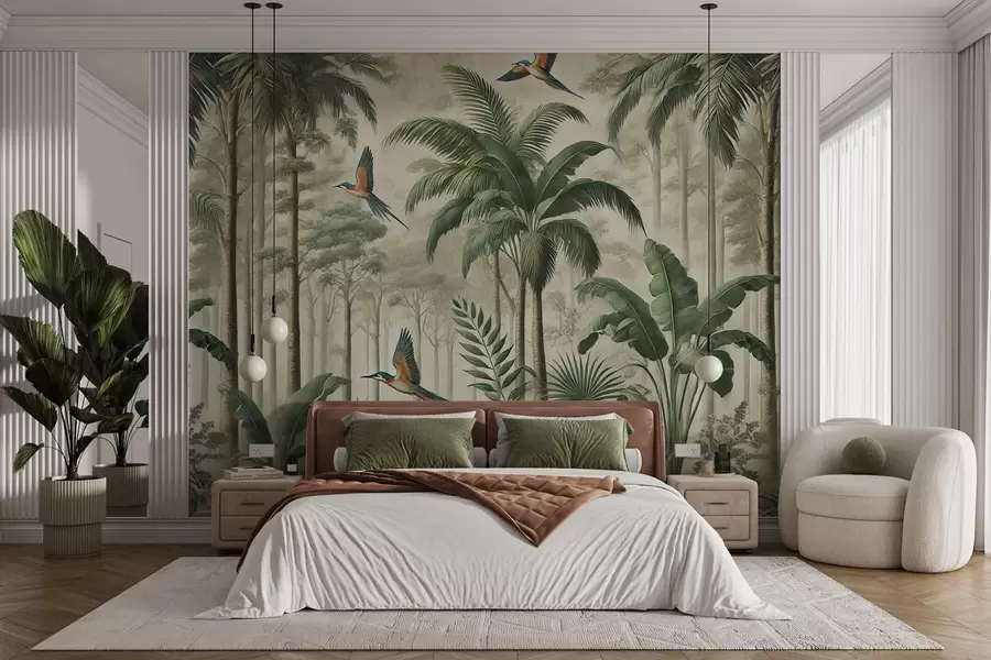 Wall Mural Photo Wallpaper Panorama with tropical landscape and birds w01957
