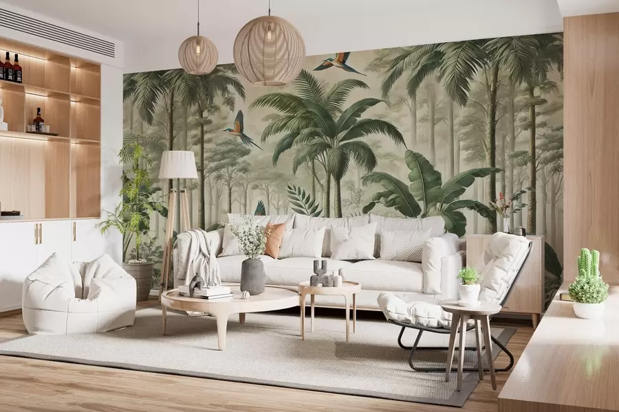 murales Panorama con paisaje tropical y aves w01957