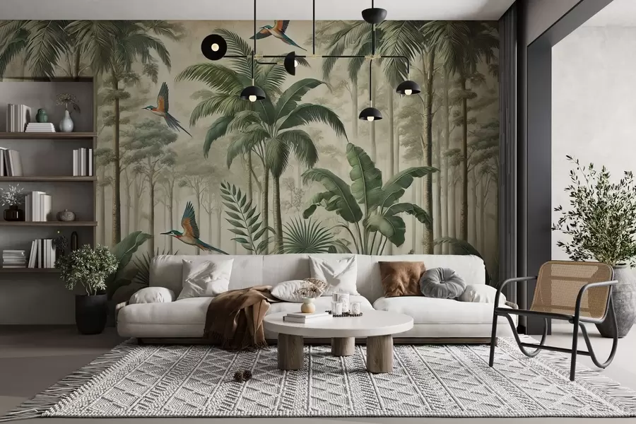 Wall Mural Photo Wallpaper Panorama with tropical landscape and birds w01957