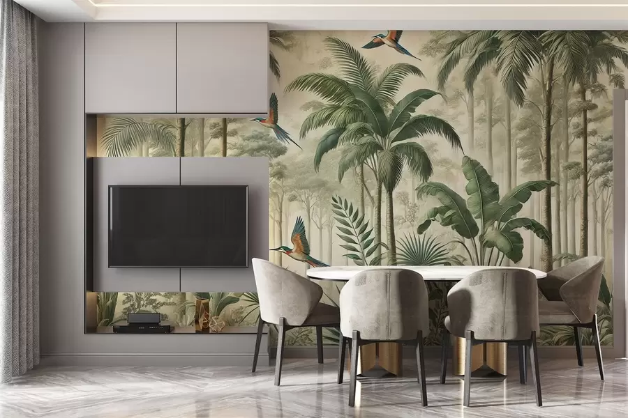 Wall Mural Photo Wallpaper Panorama with tropical landscape and birds w01957