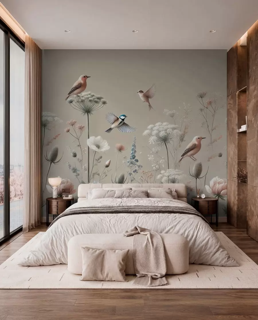 wall murals Delicate wildflowers with birds on a beige background w01958