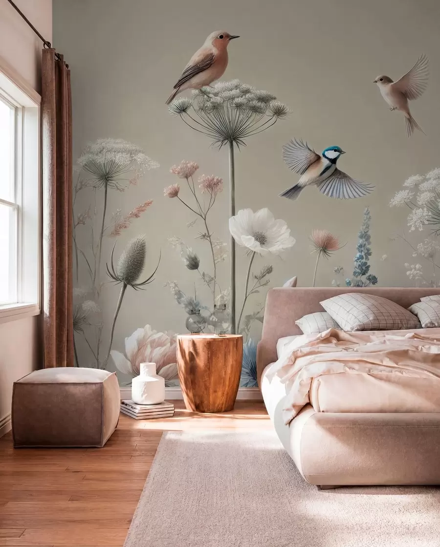 murales Delicadas flores silvestres con pájaros sobre fondo beige w01958