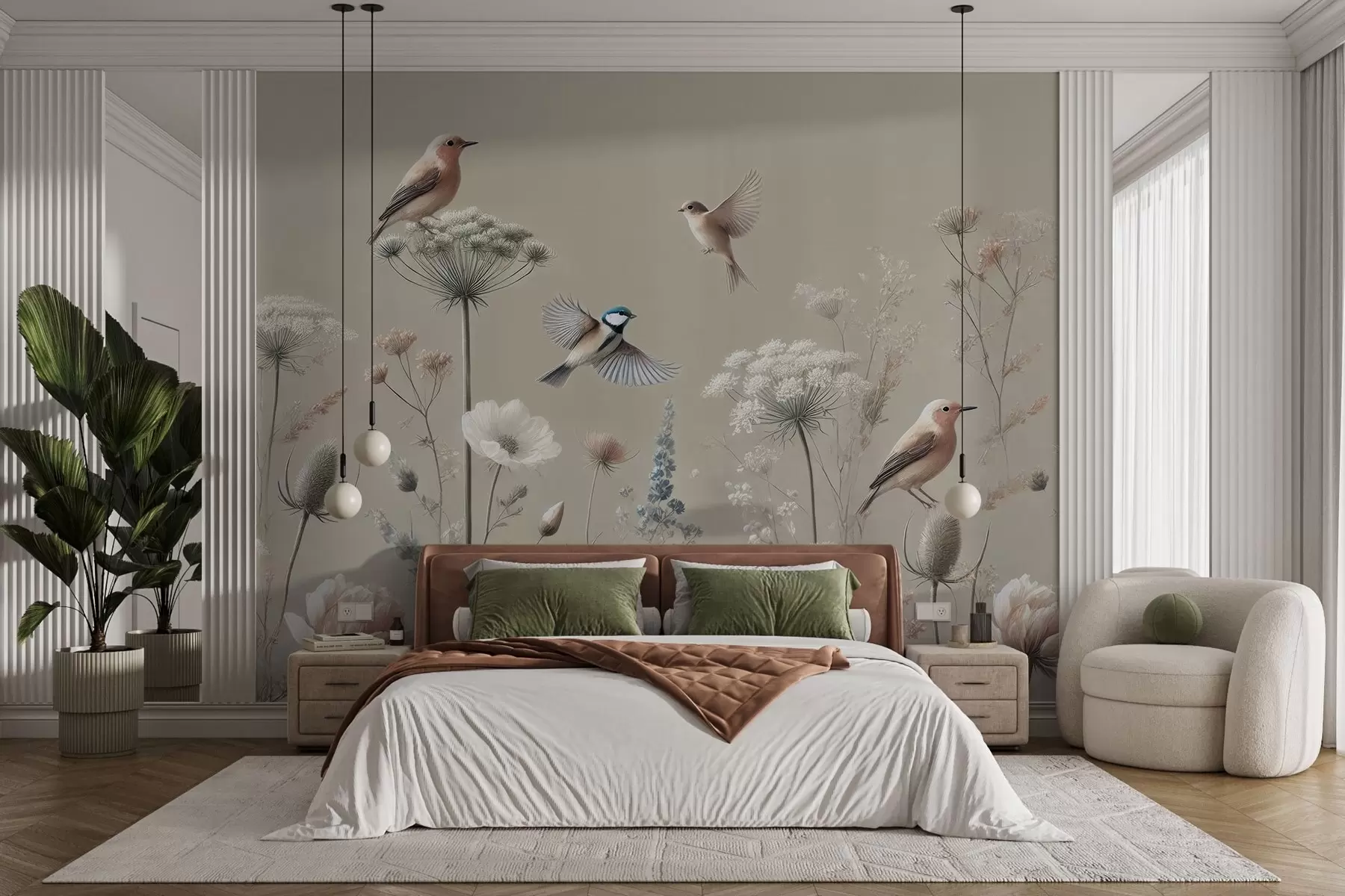 wall murals Delicate wildflowers with birds on a beige background w01958