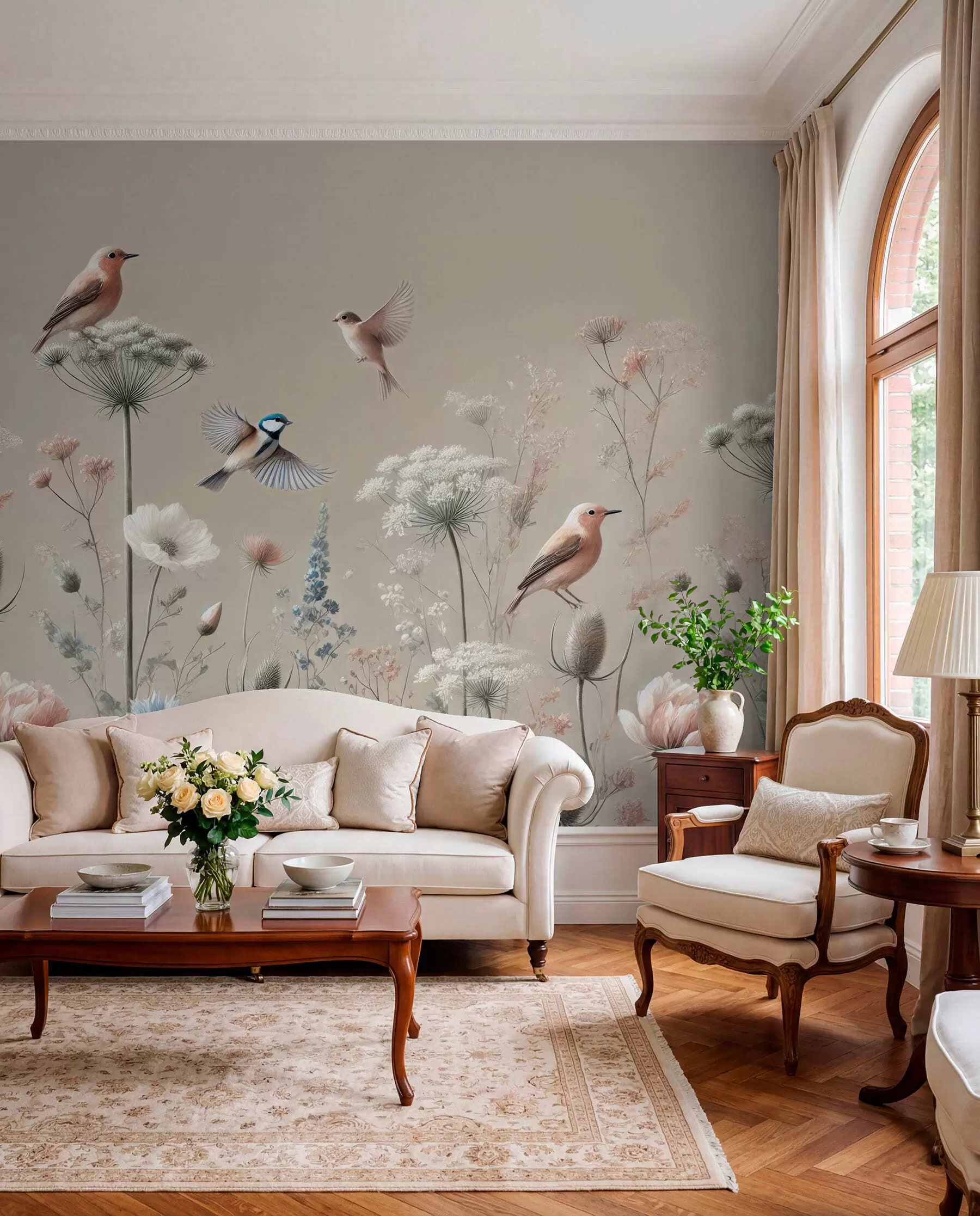 peintures murales Oiseaux des prés en beige doux w01958