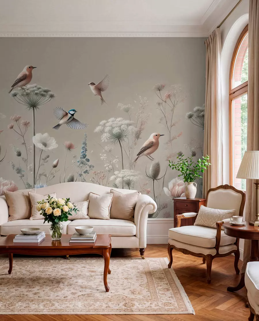 Wall Mural Photo Wallpaper Delicate wildflowers with birds on a beige background w01958